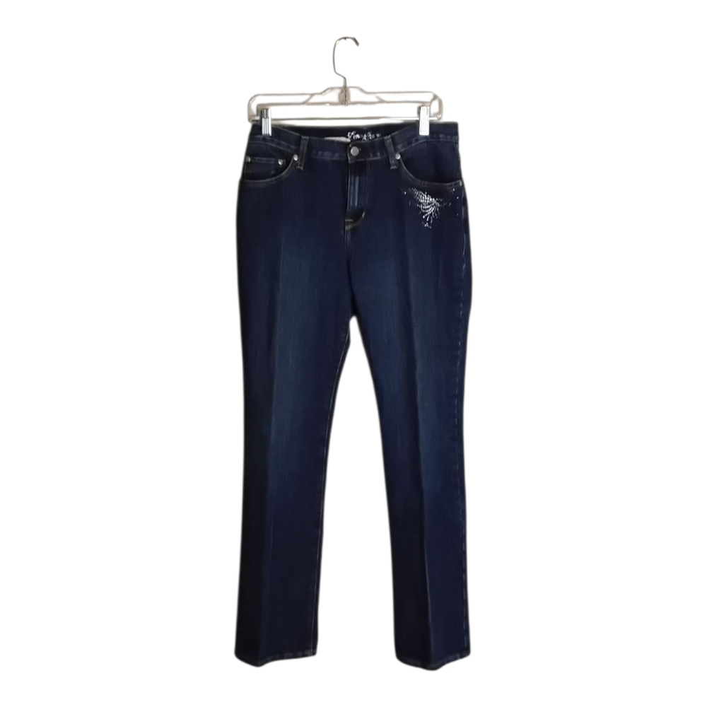 Lena's Dark Wash Straight Leg Embellished High Rise Women's 8 Jean